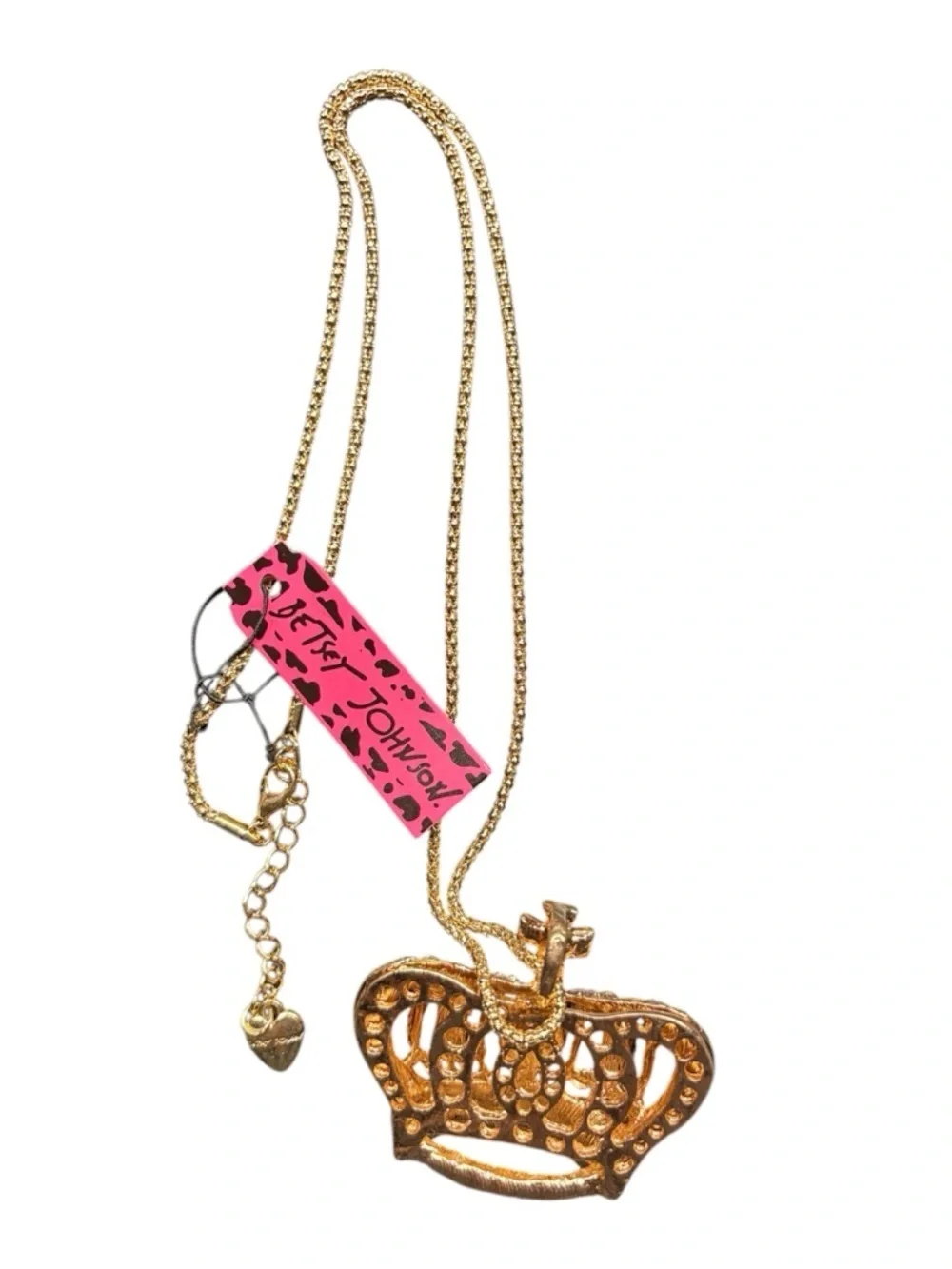 Betsey Johnson Crown Necklace Pink Gold Rhinestone Statement Pendant